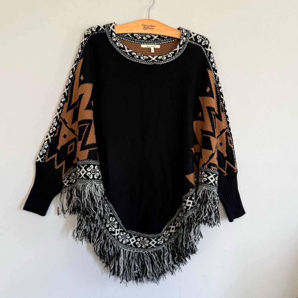 Wool Black Brown South Western Aztec Pattern Sweater Fringe Poncho Women S/M